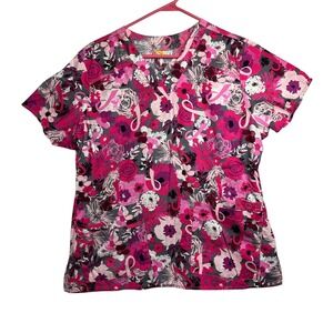 Breast Cancer Awareness Pink Ribbon Floral WONDER FLEX Scrub Top size Large